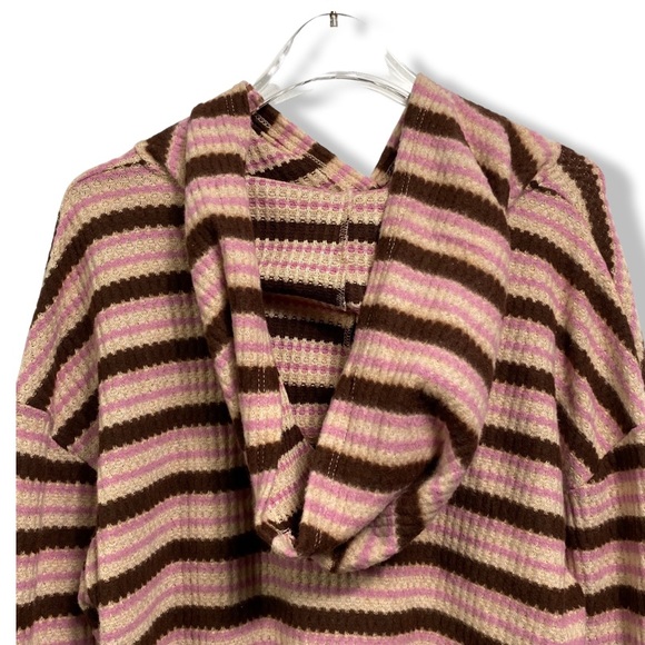 LUSH Cropped Hooded Pullover Sweater, Waffle Knit, Burgundy, Tan & Brown Stripes - Picture 7 of 13